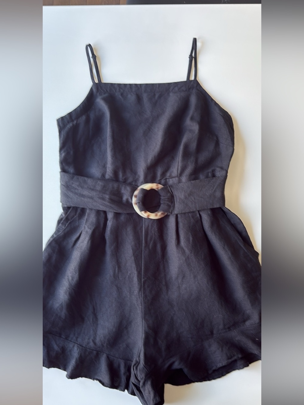 LOFT Black Sleeveless Belted Romper with Round Buckle